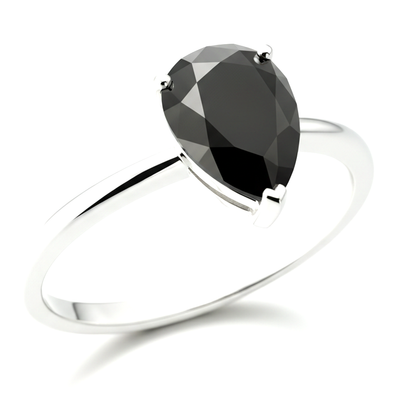 1.5 Carat Pear Black Diamond Solitaire Ring Natural 14K White Gold