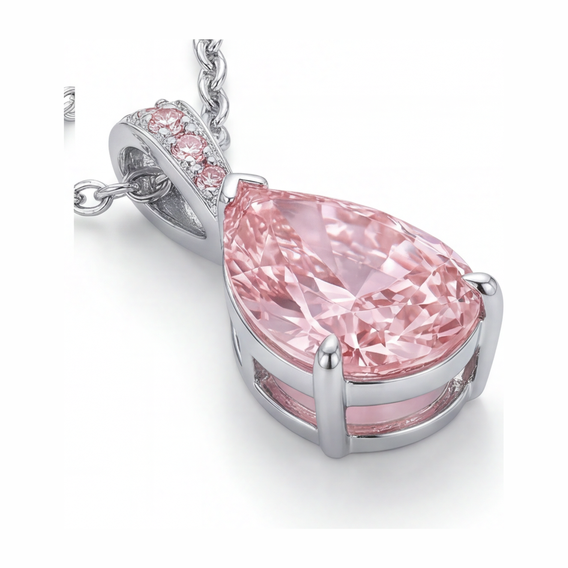 5 Carat Pear Pink Lab Grown Diamond and White Diamond Solitaire Pendant 14K White Gold
