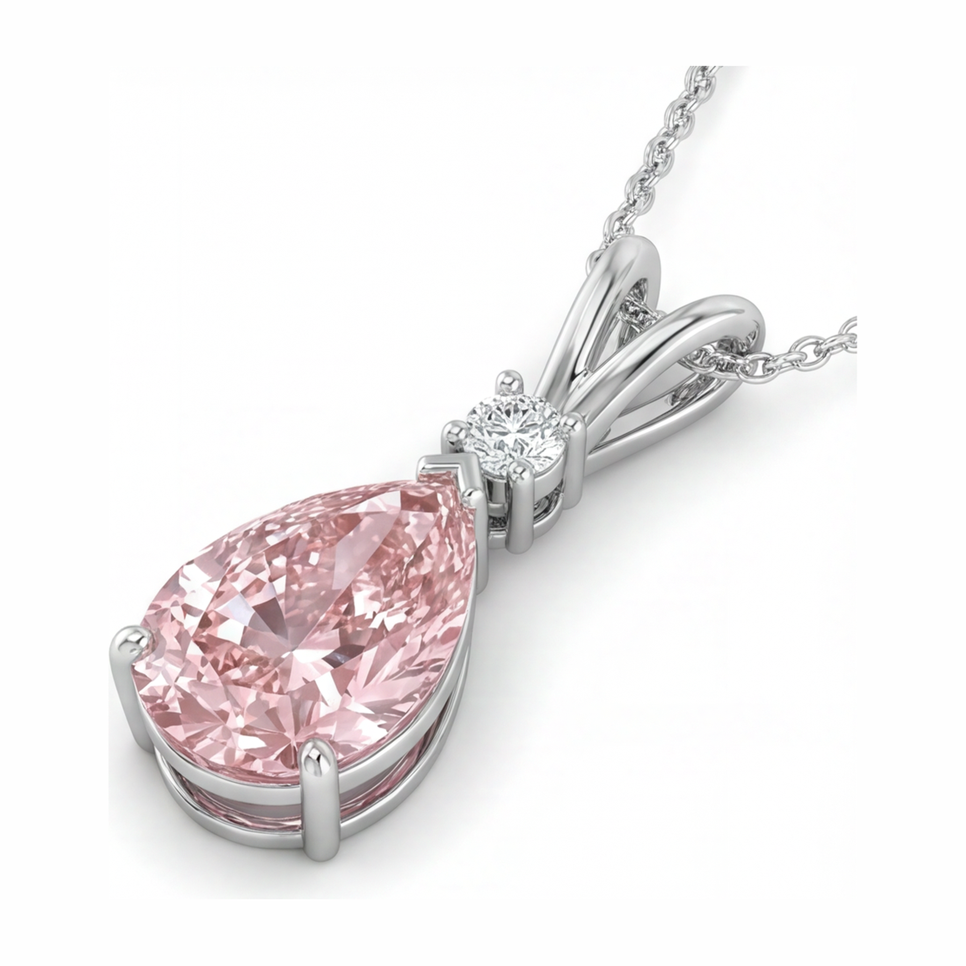 5 Carat Pear Pink Lab Grown Diamond and White Diamond Solitaire Pendant 14K White Gold