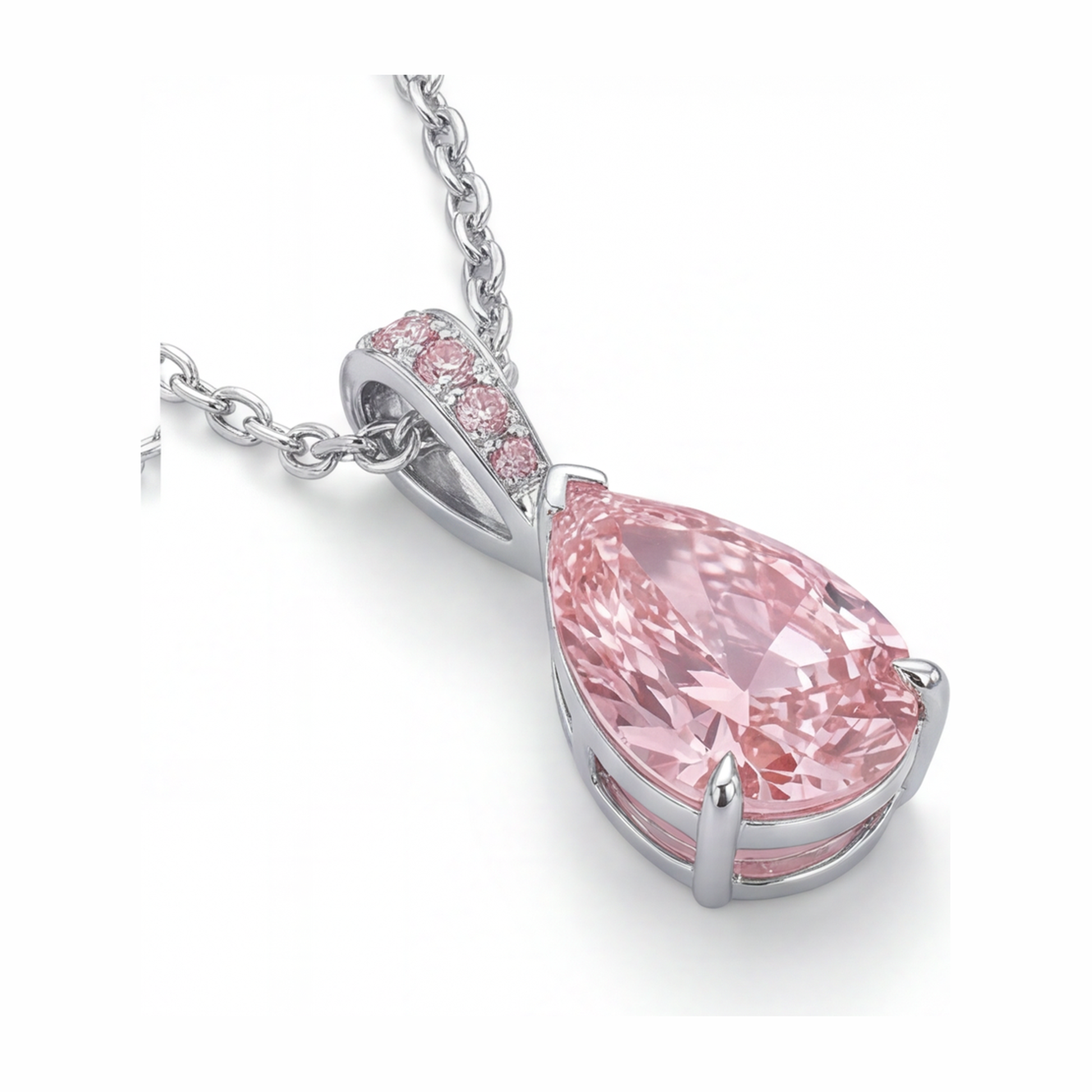 5 Carat Pear Pink Lab Grown Diamond and White Diamond Solitaire Pendant 14K White Gold
