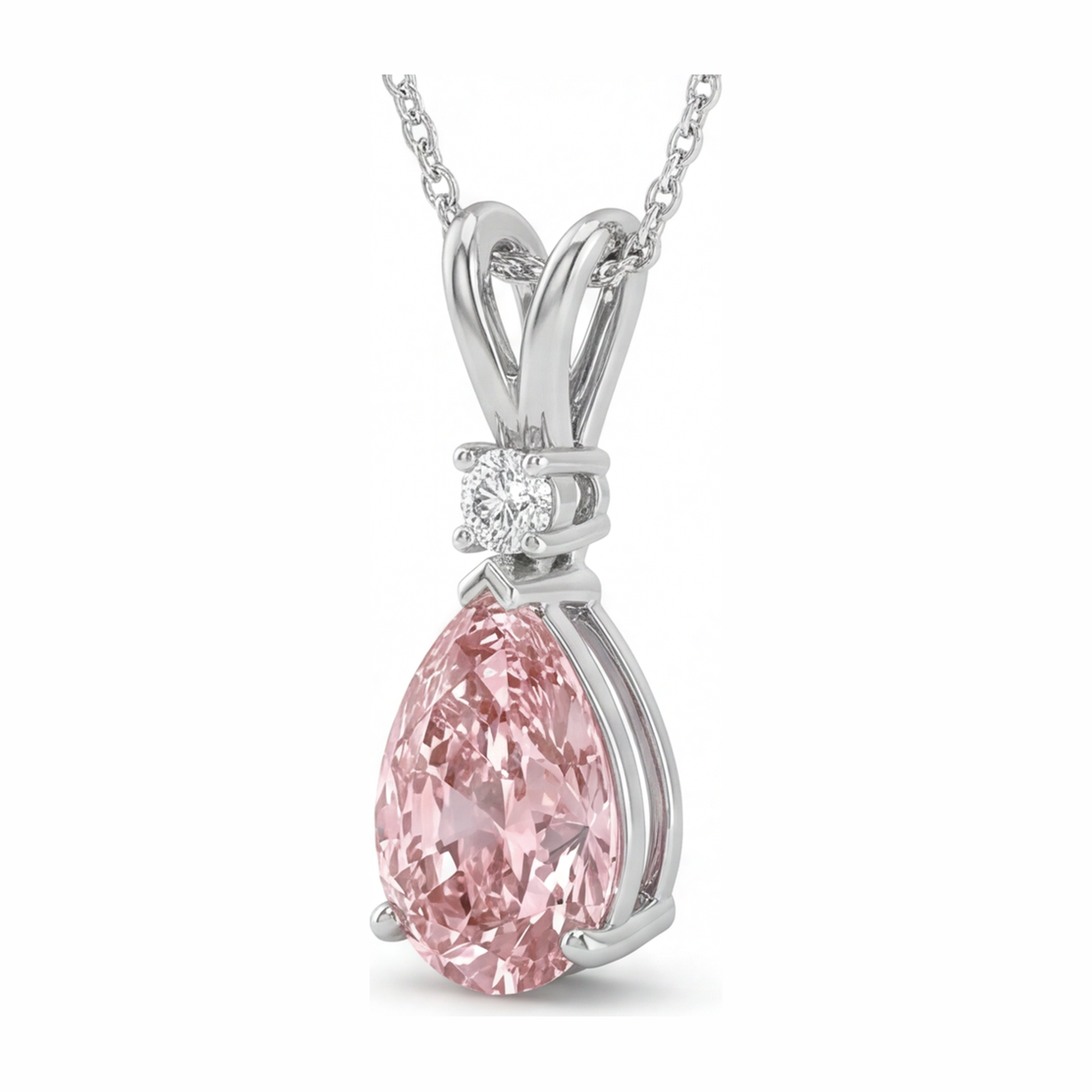 5 Carat Pear Pink Lab Grown Diamond and White Diamond Solitaire Pendant 14K White Gold
