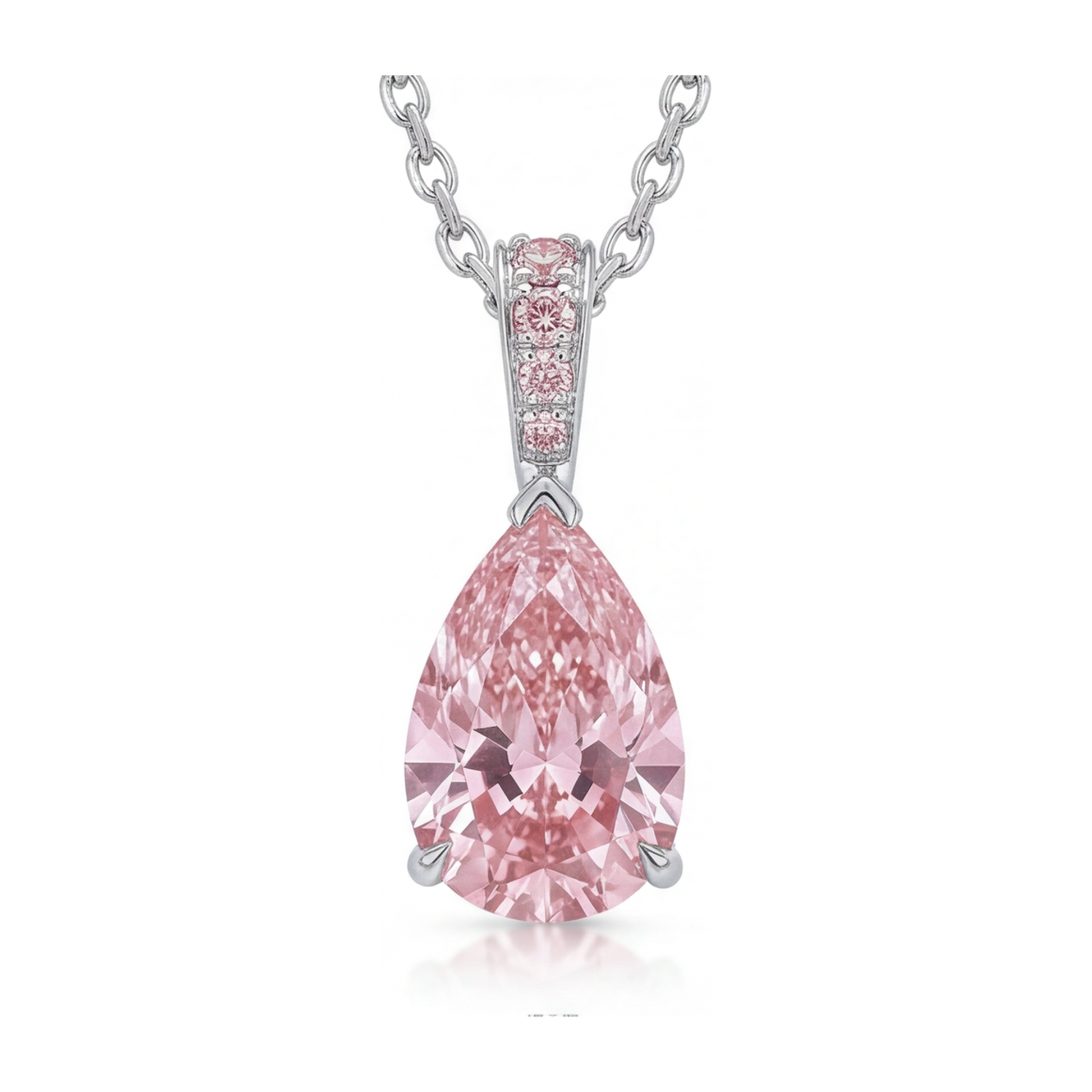 5 Carat Pear Pink Lab Grown Diamond and White Diamond Solitaire Pendant 14K White Gold
