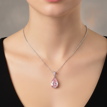 5 Carat Pear Pink Lab Grown Diamond and White Diamond Solitaire Pendant 14K White Gold worn