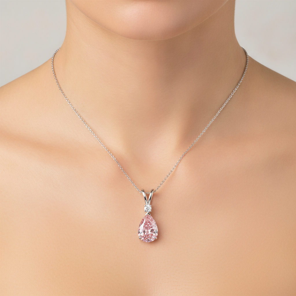 5 Carat Pear Pink Lab Grown Diamond and White Diamond Solitaire Pendant 14K White Gold worn