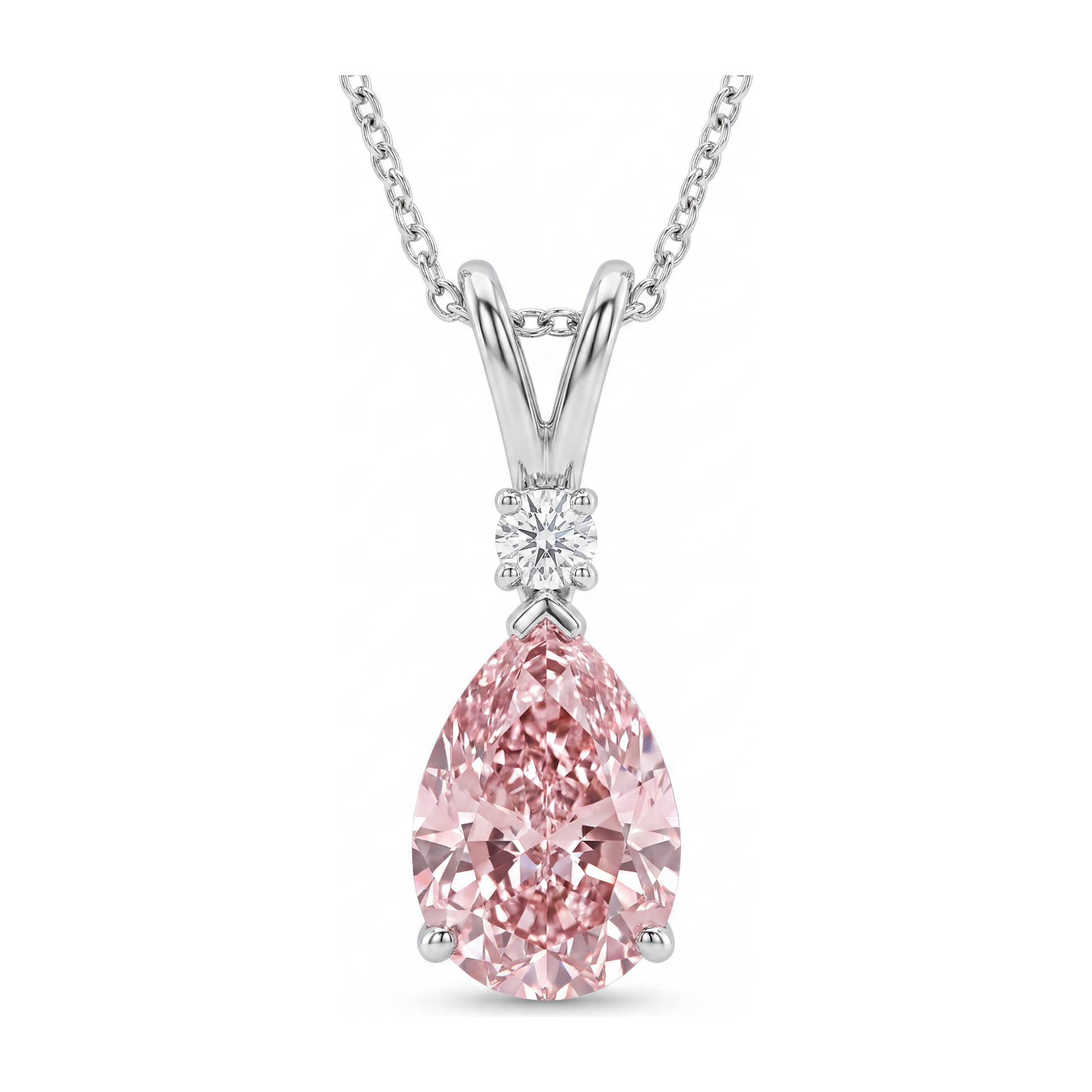 5 Carat Pear Pink Lab Grown Diamond and White Diamond Solitaire Pendant 14K White Gold