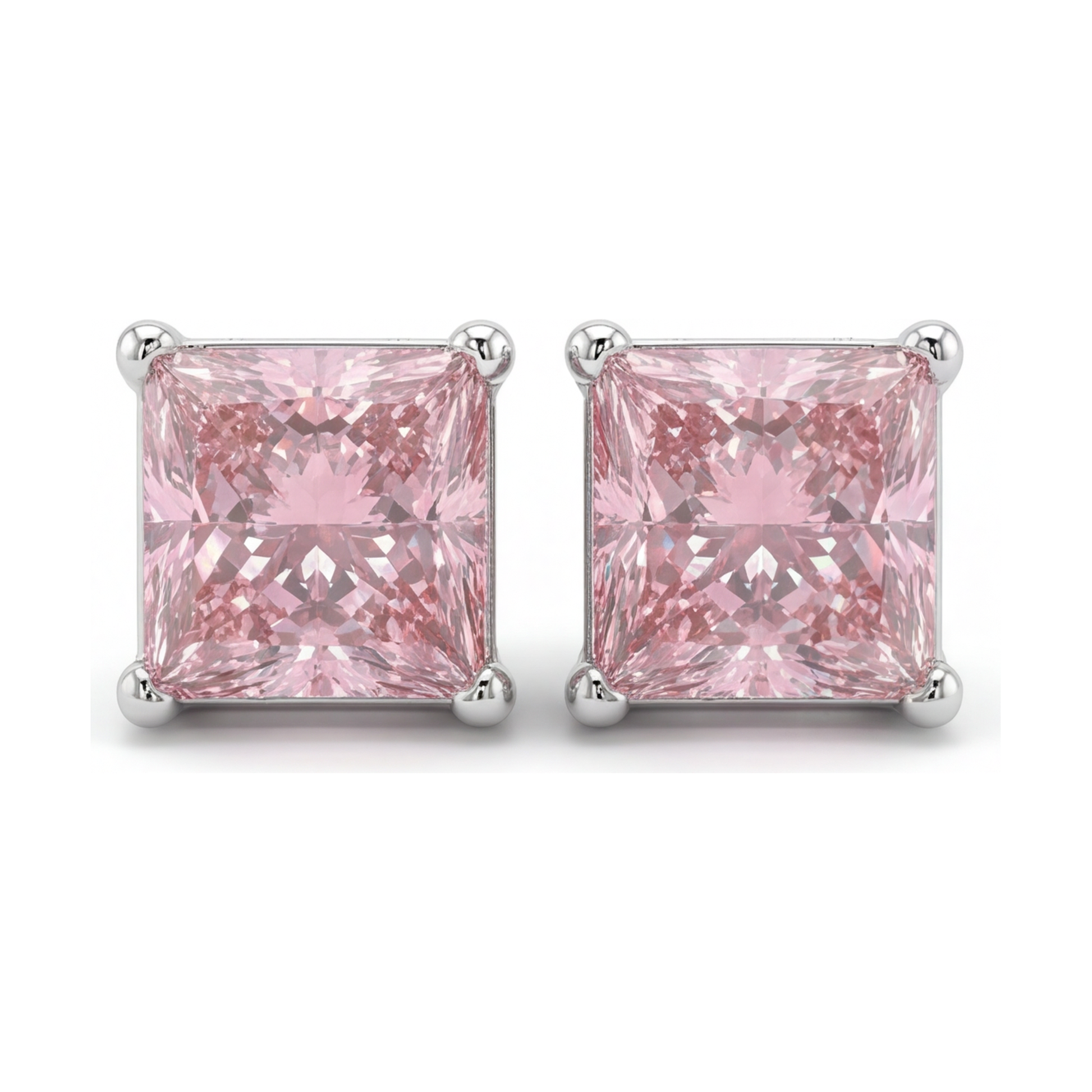 5 Carat Princess Pink Lab Grown Diamond and White Diamond Solitaire Earrings 14K White Gold