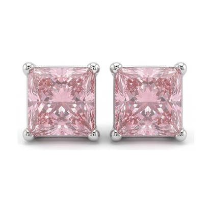 5 Carat Princess Pink Lab Grown Diamond and White Diamond Solitaire Earrings 14K White Gold