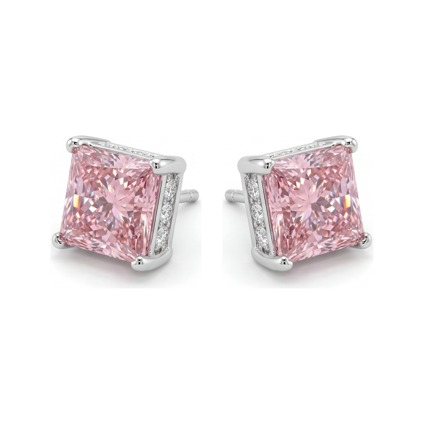 5 Carat Princess Pink Lab Grown Diamond and White Diamond Solitaire Earrings 14K White Gold
