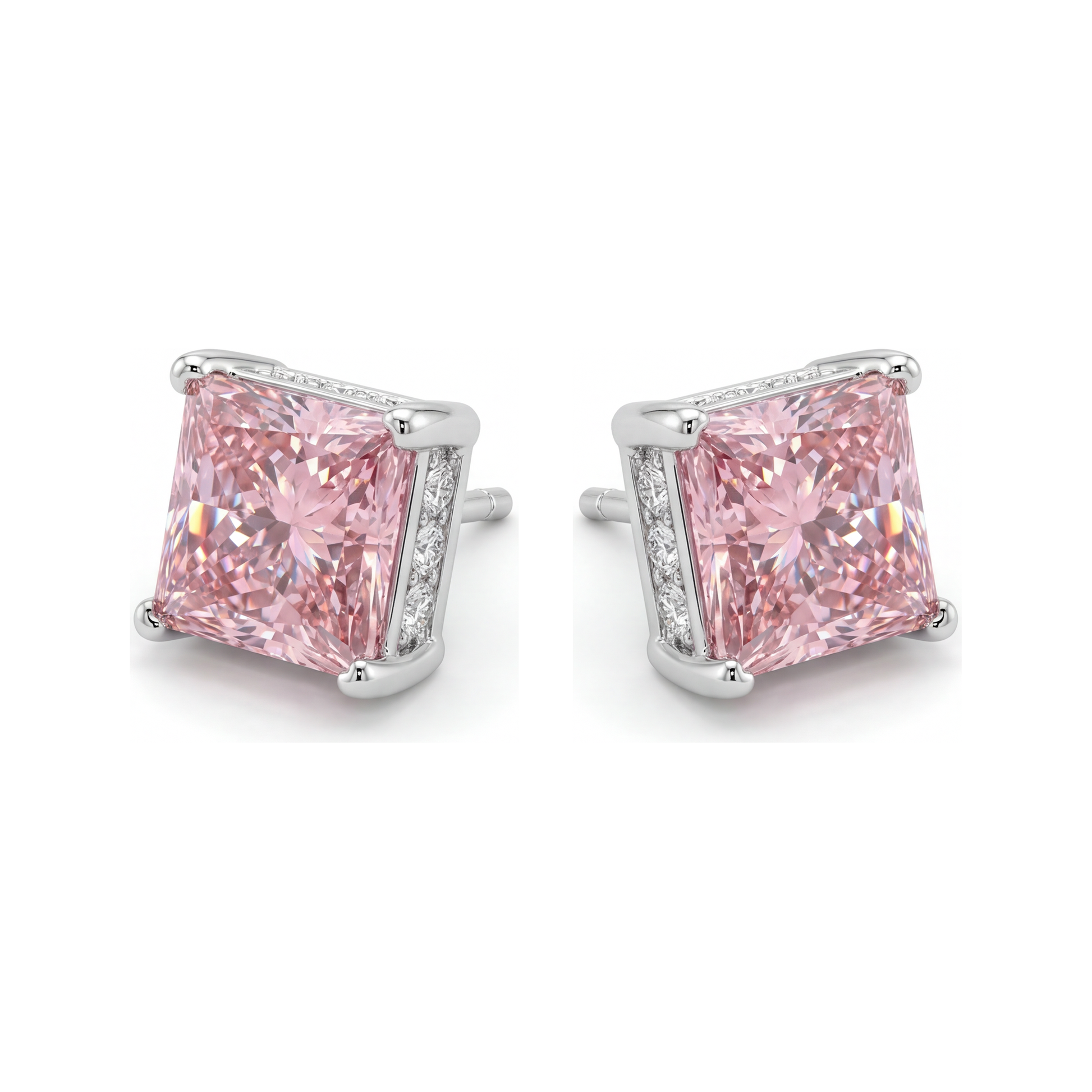 5 Carat Princess Pink Lab Grown Diamond and White Diamond Solitaire Earrings 14K White Gold