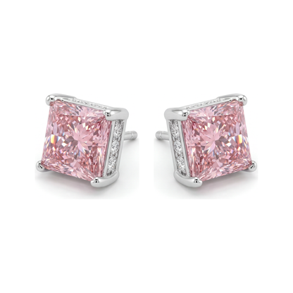 5 Carat Princess Pink Lab Grown Diamond and White Diamond Solitaire Earrings 14K White Gold