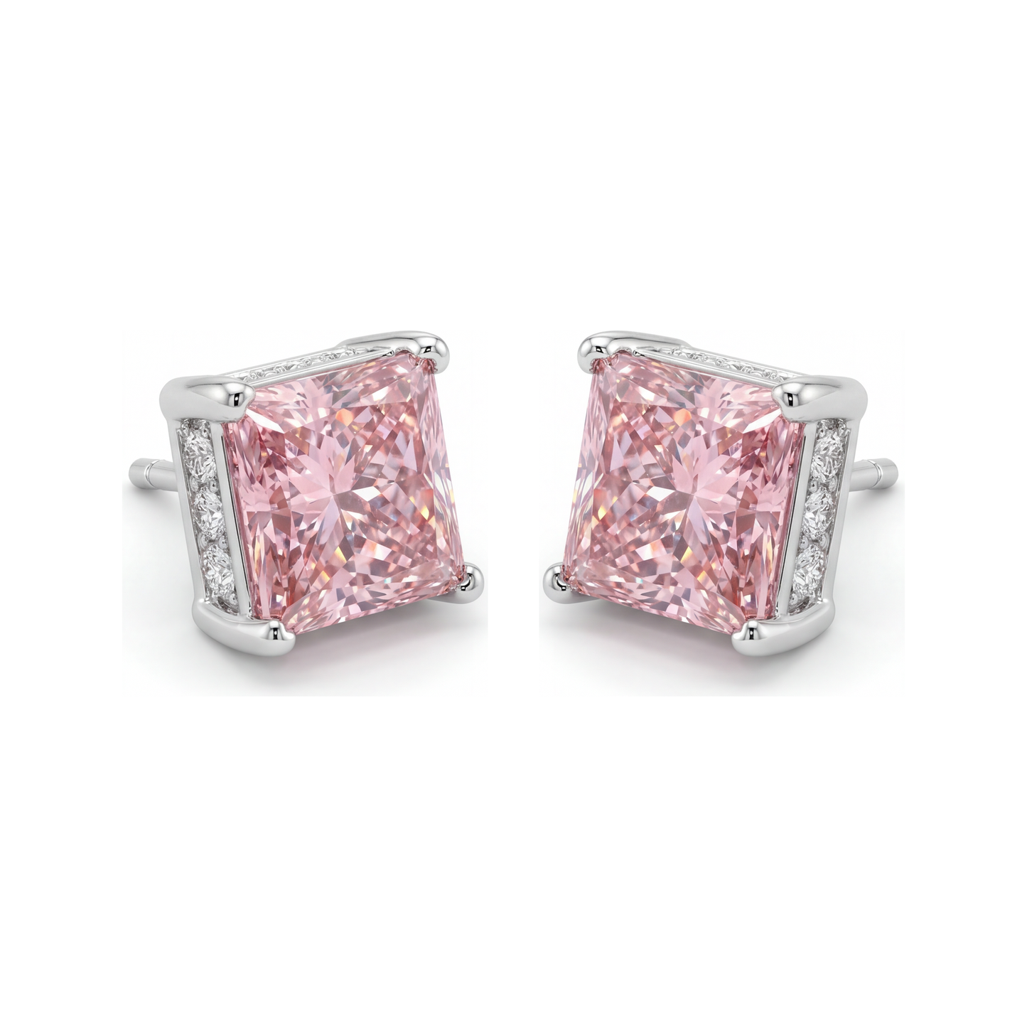 5 Carat Princess Pink Lab Grown Diamond and White Diamond Solitaire Earrings 14K White Gold