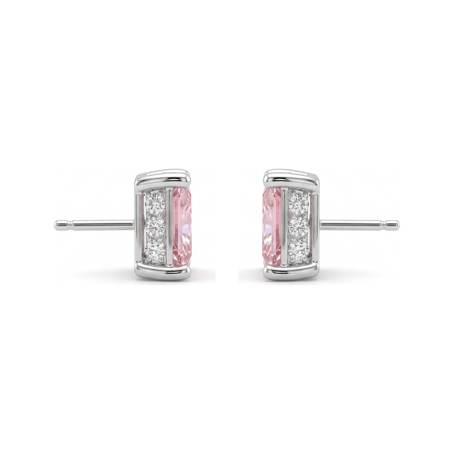 5 Carat Princess Pink Lab Grown Diamond and White Diamond Solitaire Earrings 14K White Gold