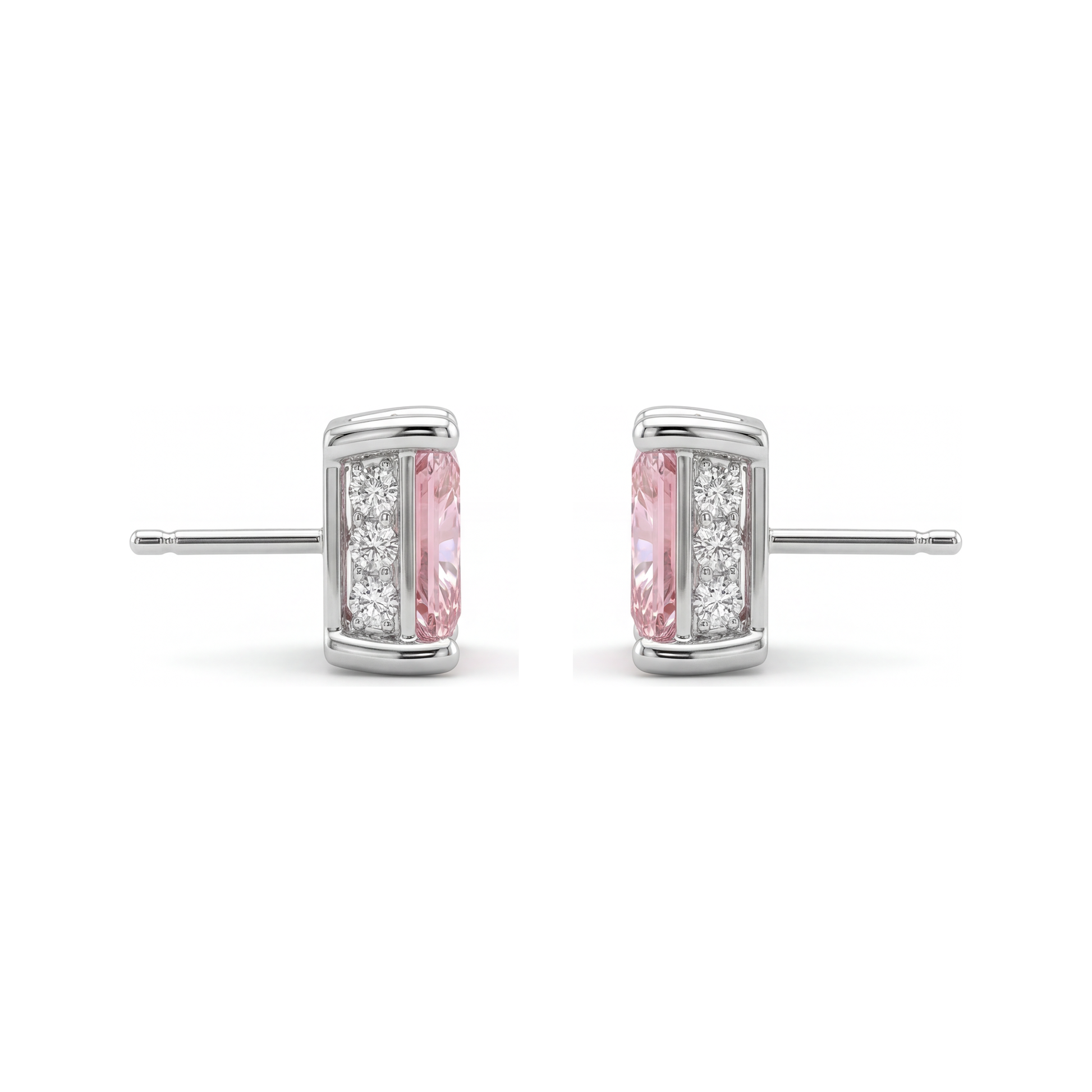 5 Carat Princess Pink Lab Grown Diamond and White Diamond Solitaire Earrings 14K White Gold