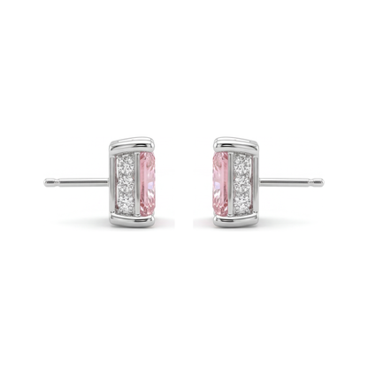 5 Carat Princess Pink Lab Grown Diamond and White Diamond Solitaire Earrings 14K White Gold