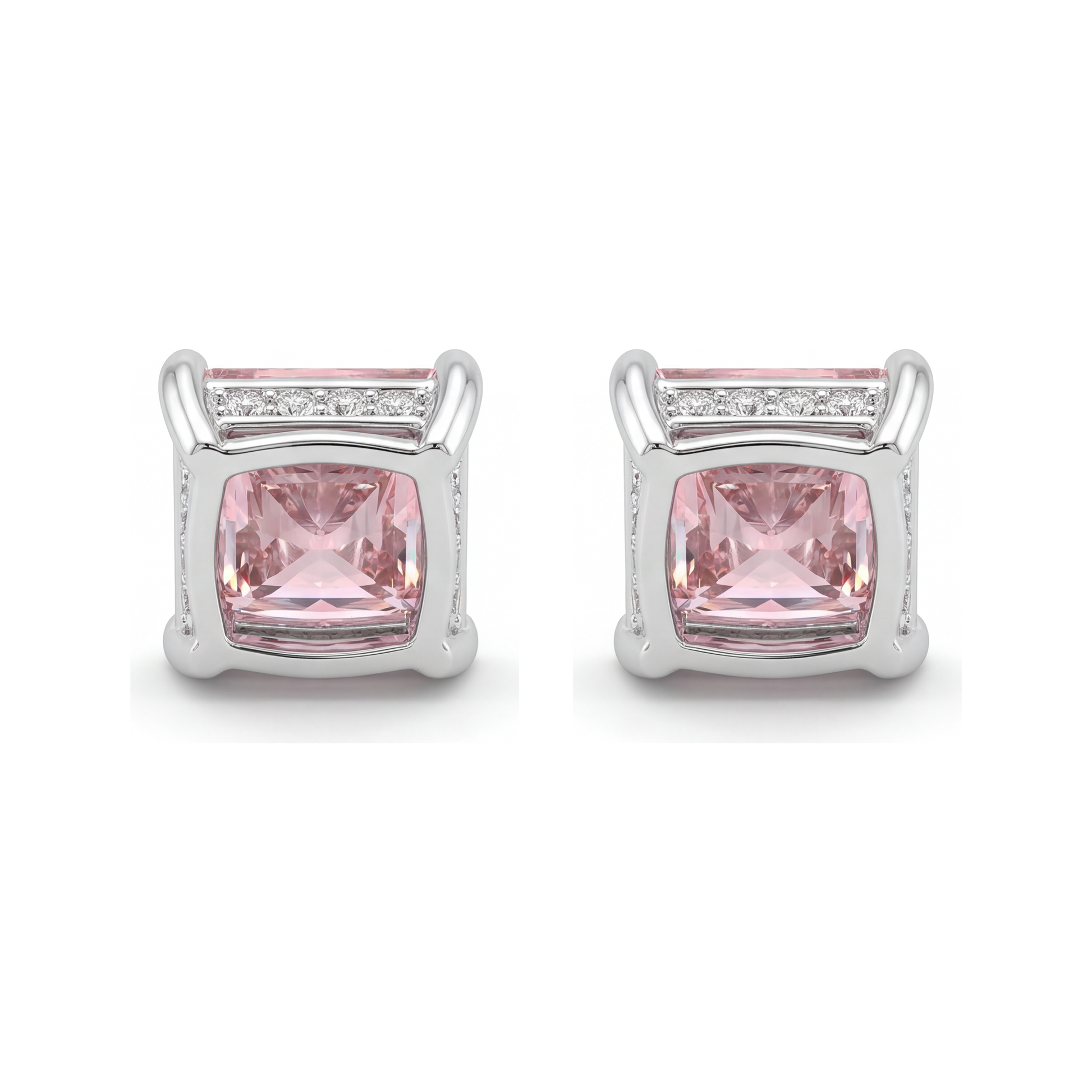 5 Carat Princess Pink Lab Grown Diamond and White Diamond Solitaire Earrings 14K White Gold