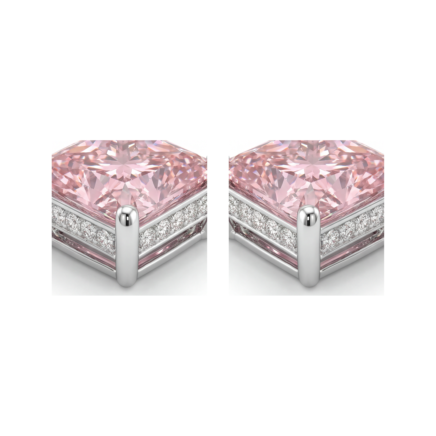 5 Carat Princess Pink Lab Grown Diamond and White Diamond Solitaire Earrings 14K White Gold