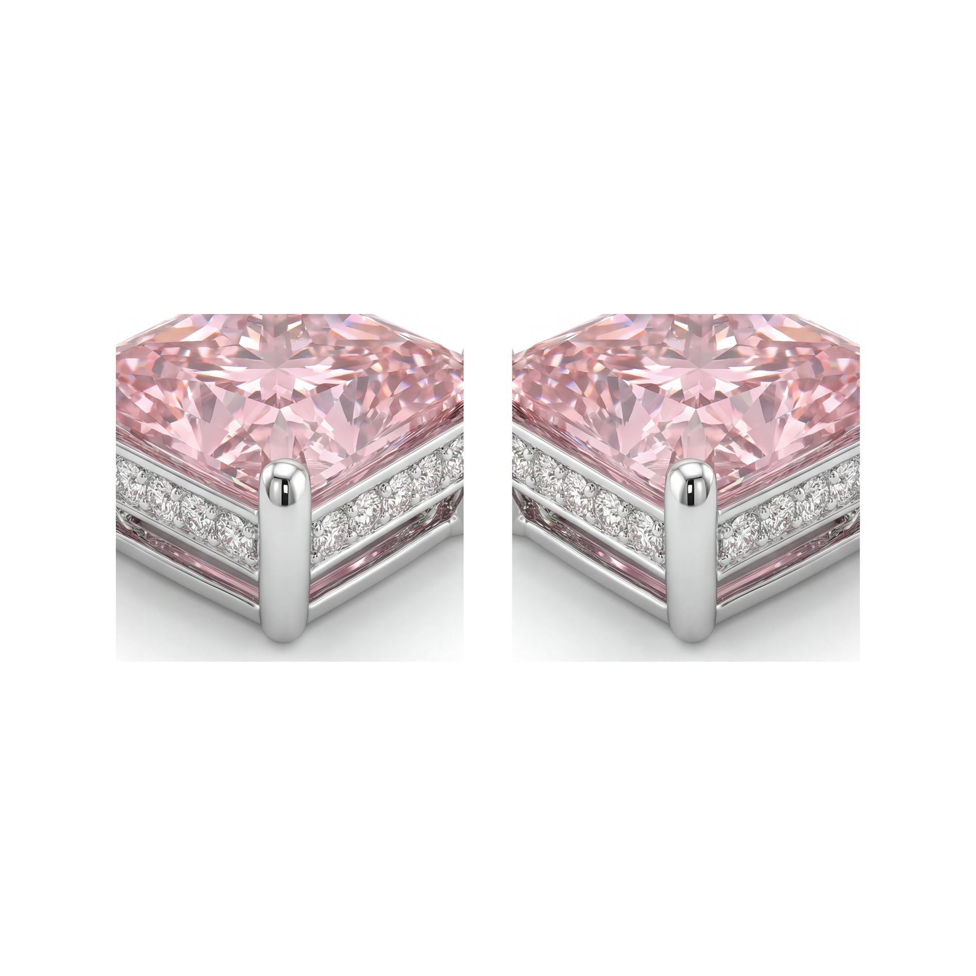 5 Carat Princess Pink Lab Grown Diamond and White Diamond Solitaire Earrings 14K White Gold