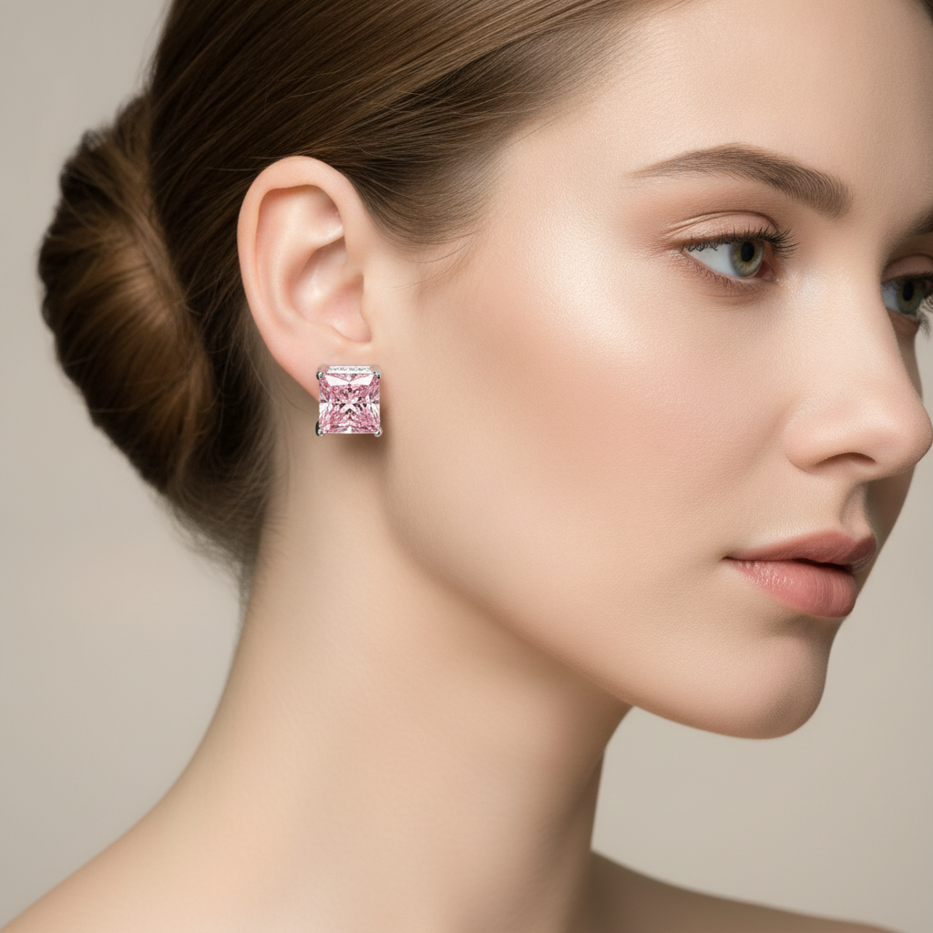 5 Carat Princess Pink Lab Grown Diamond and White Diamond Solitaire Earrings 14K White Gold worn on ear