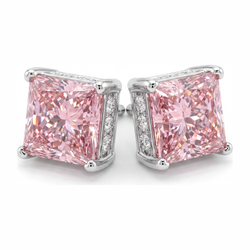 5 Carat Princess Pink Lab Grown Diamond and White Diamond Solitaire Earrings 14K White Gold