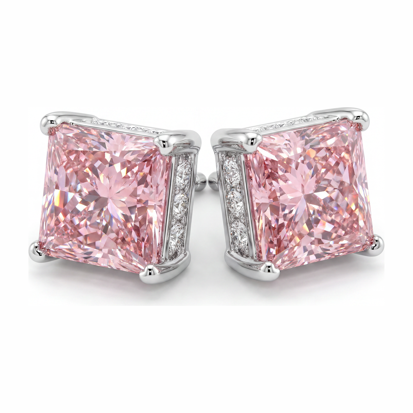 5 Carat Princess Pink Lab Grown Diamond and White Diamond Solitaire Earrings 14K White Gold