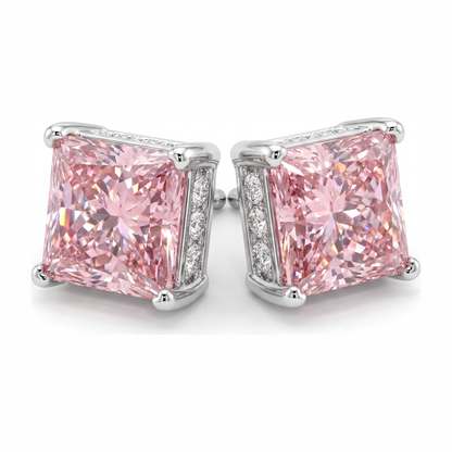 5 Carat Princess Pink Lab Grown Diamond and White Diamond Solitaire Earrings 14K White Gold