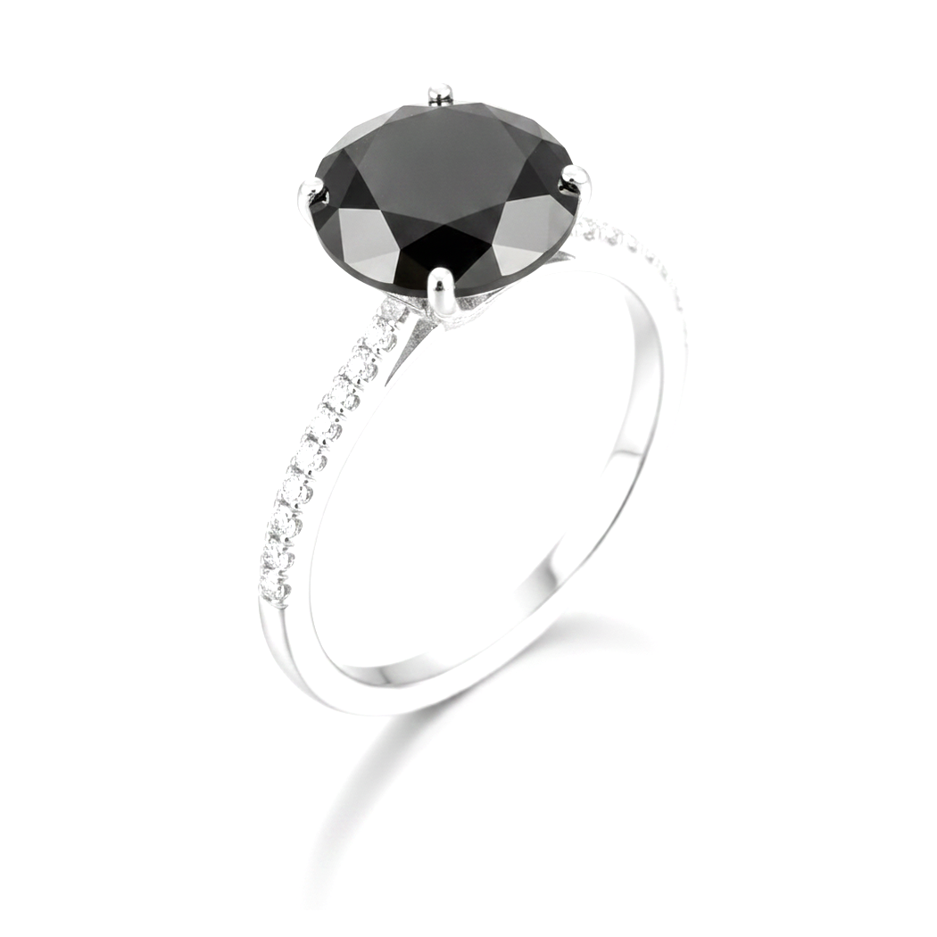2 Carat Round Black Diamond Solitaire Ring Natural 14K White Gold