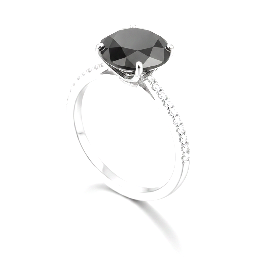 2 Carat Round Black Diamond Solitaire Ring Natural 14K White Gold