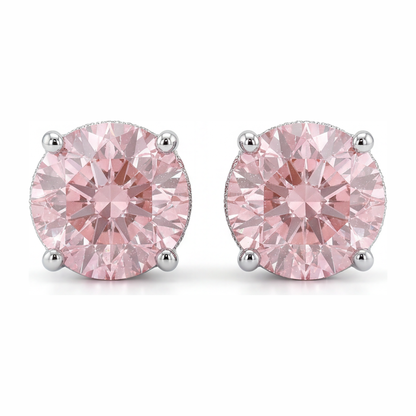 5 Carat Round Pink Lab Grown Diamond and White Diamond Solitaire Earrings 14K White Gold