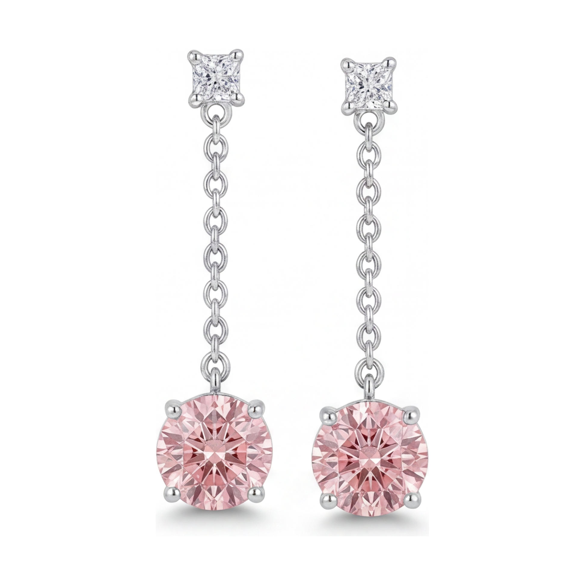 5 Carat Round Pink Lab Grown Diamond and White Diamond Solitaire Earrings 14K White Gold