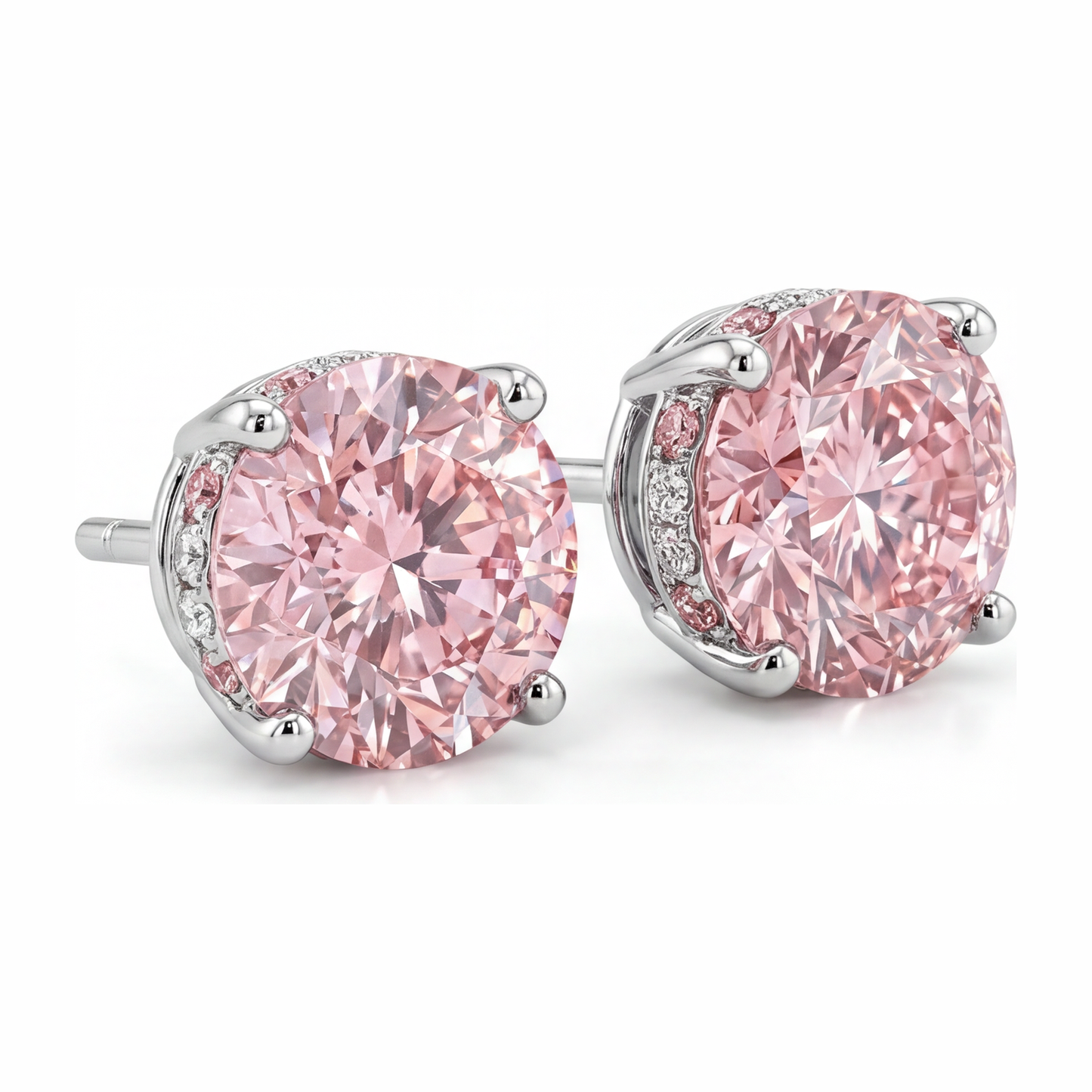 5 Carat Round Pink Lab Grown Diamond and White Diamond Solitaire Earrings 14K White Gold