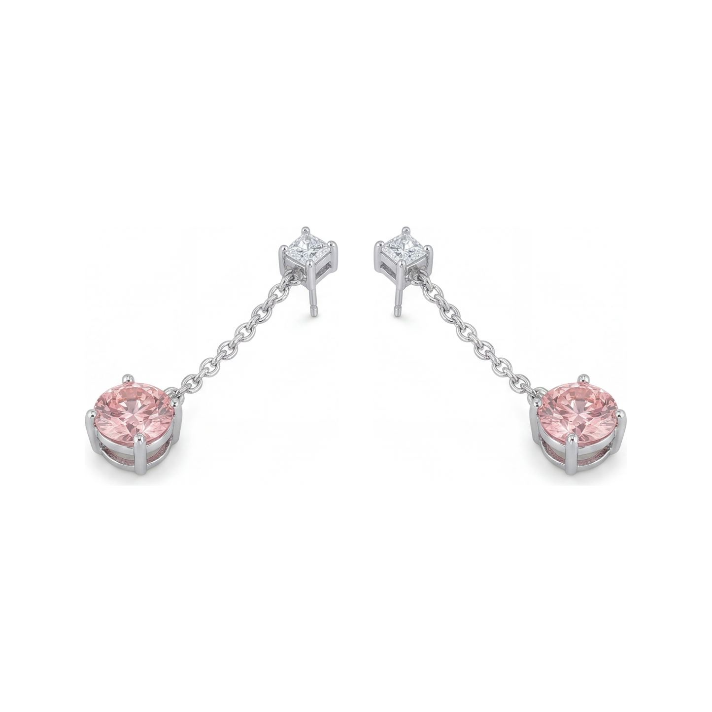 5 Carat Round Pink Lab Grown Diamond and White Diamond Solitaire Earrings 14K White Gold