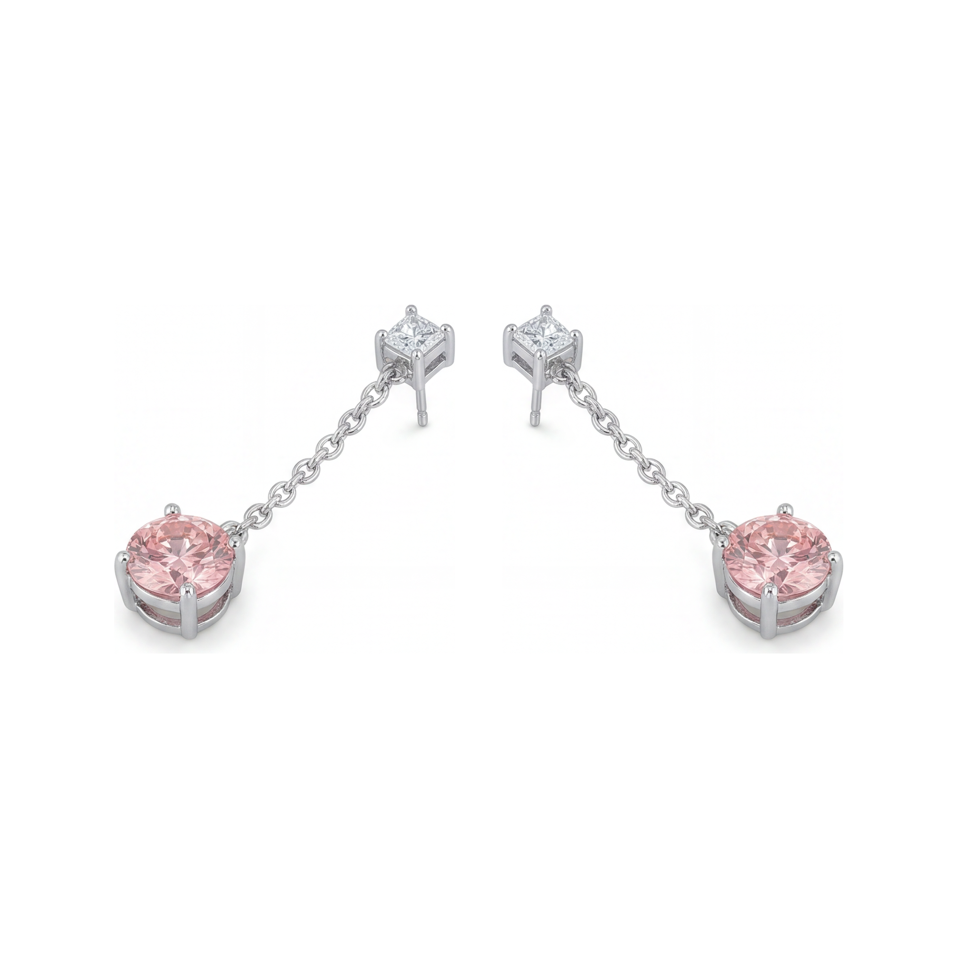 5 Carat Round Pink Lab Grown Diamond and White Diamond Solitaire Earrings 14K White Gold