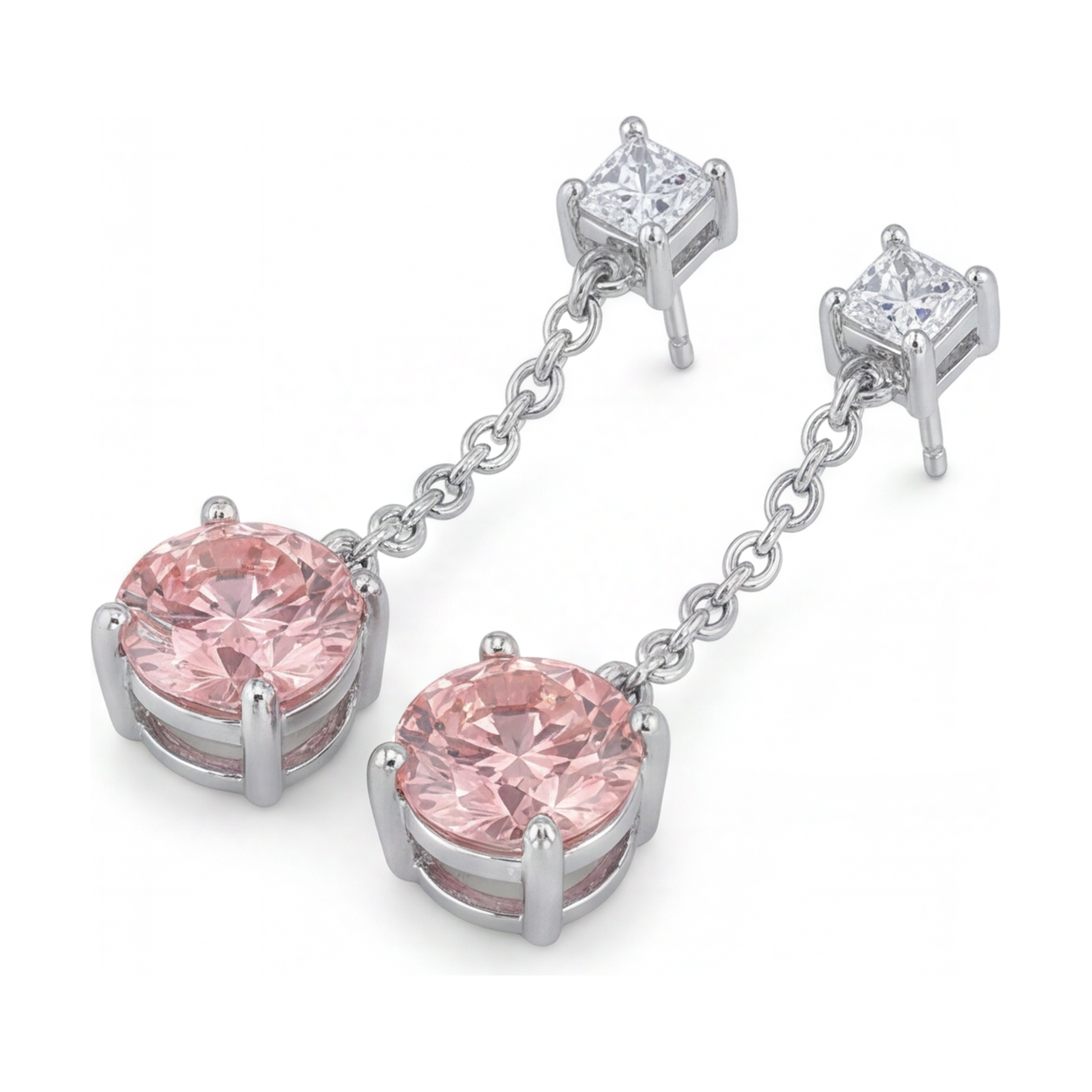 5 Carat Round Pink Lab Grown Diamond and White Diamond Solitaire Earrings 14K White Gold