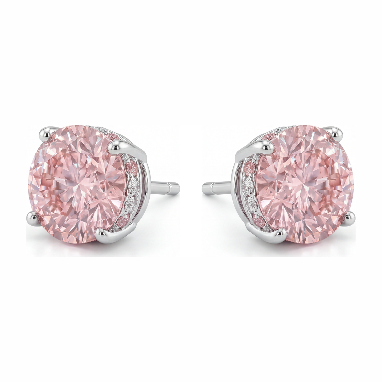 5 Carat Round Pink Lab Grown Diamond and White Diamond Solitaire Earrings 14K White Gold