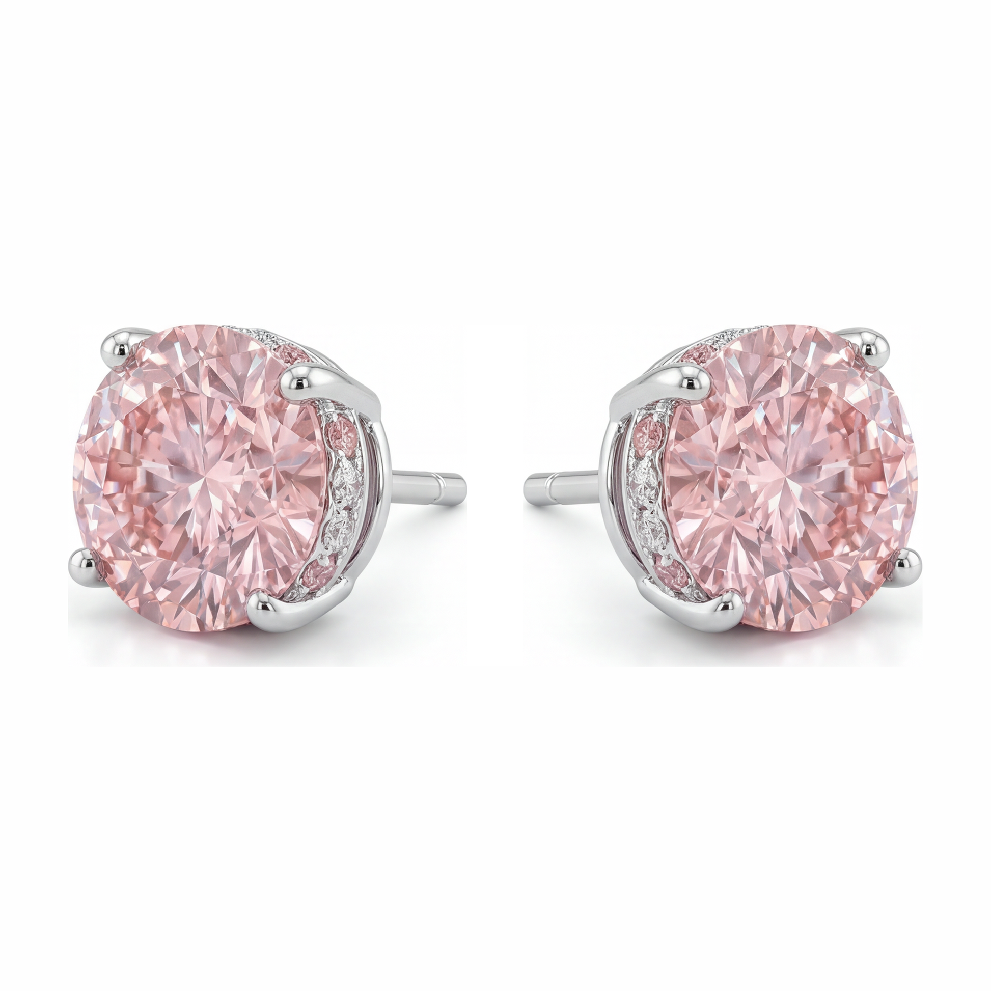5 Carat Round Pink Lab Grown Diamond and White Diamond Solitaire Earrings 14K White Gold