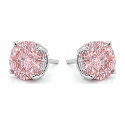 5 Carat Round Pink Lab Grown Diamond and White Diamond Solitaire Earrings 14K White Gold