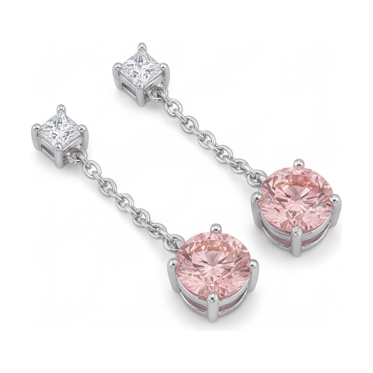 5 Carat Round Pink Lab Grown Diamond and White Diamond Solitaire Earrings 14K White Gold