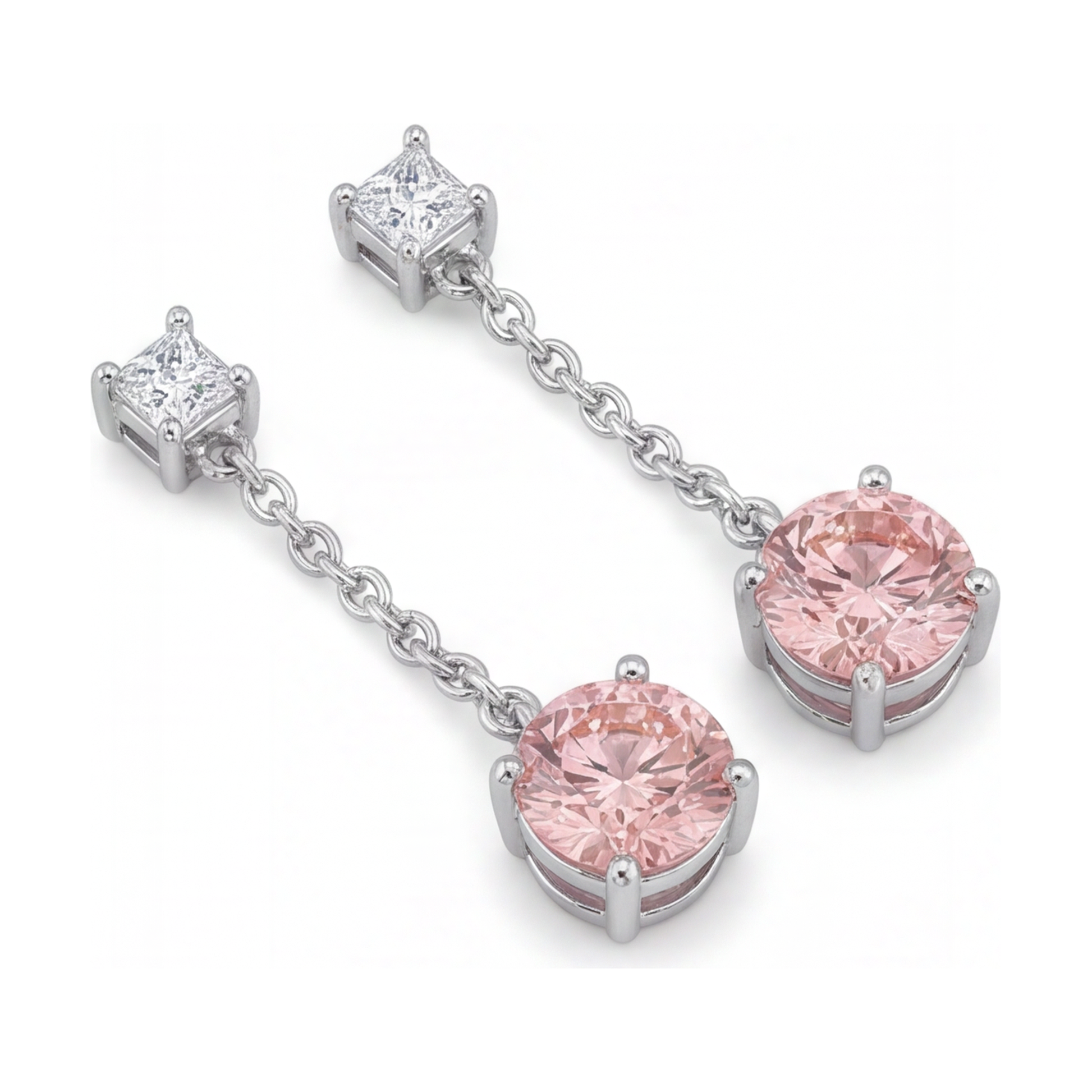 5 Carat Round Pink Lab Grown Diamond and White Diamond Solitaire Earrings 14K White Gold