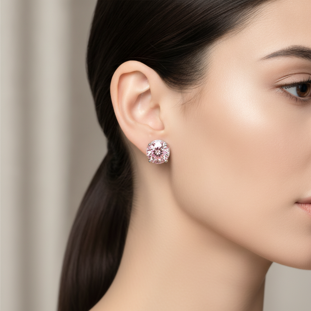 5 Carat Round Pink Lab Grown Diamond and White Diamond Solitaire Earrings 14K White Gold worn
