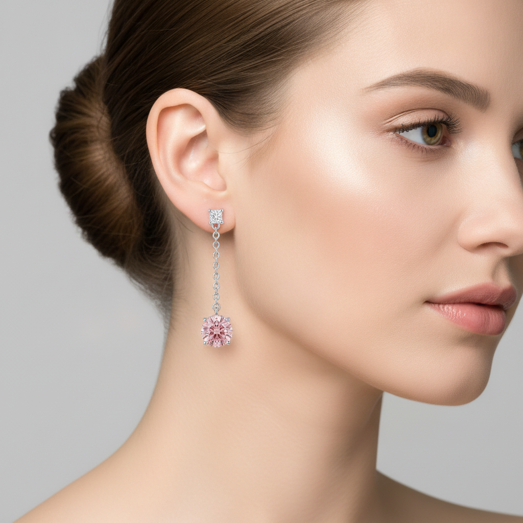 5 Carat Round Pink Lab Grown Diamond and White Diamond Solitaire Earrings 14K White Gold worn on ear