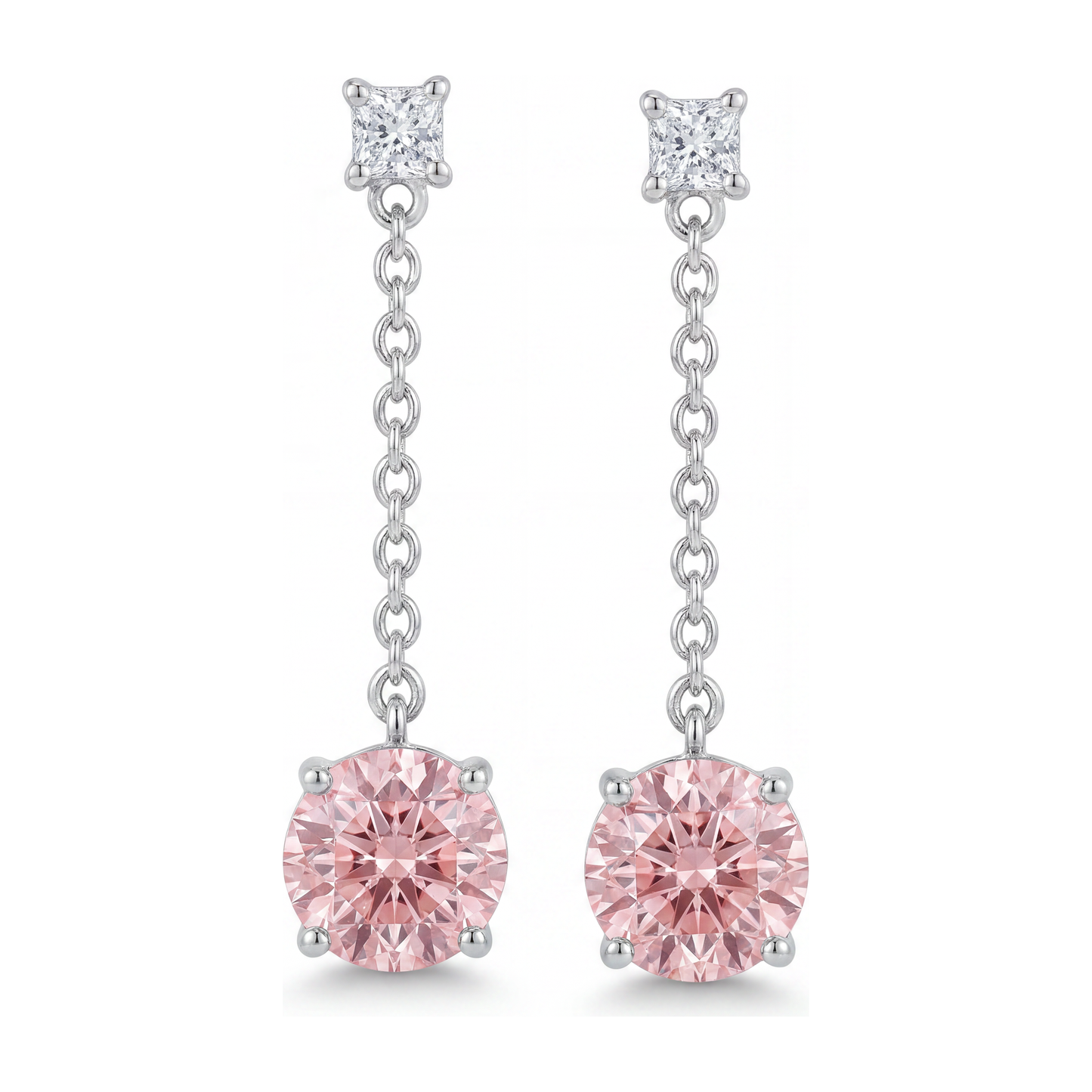 5 Carat Round Pink Lab Grown Diamond and White Diamond Solitaire Earrings 14K White Gold