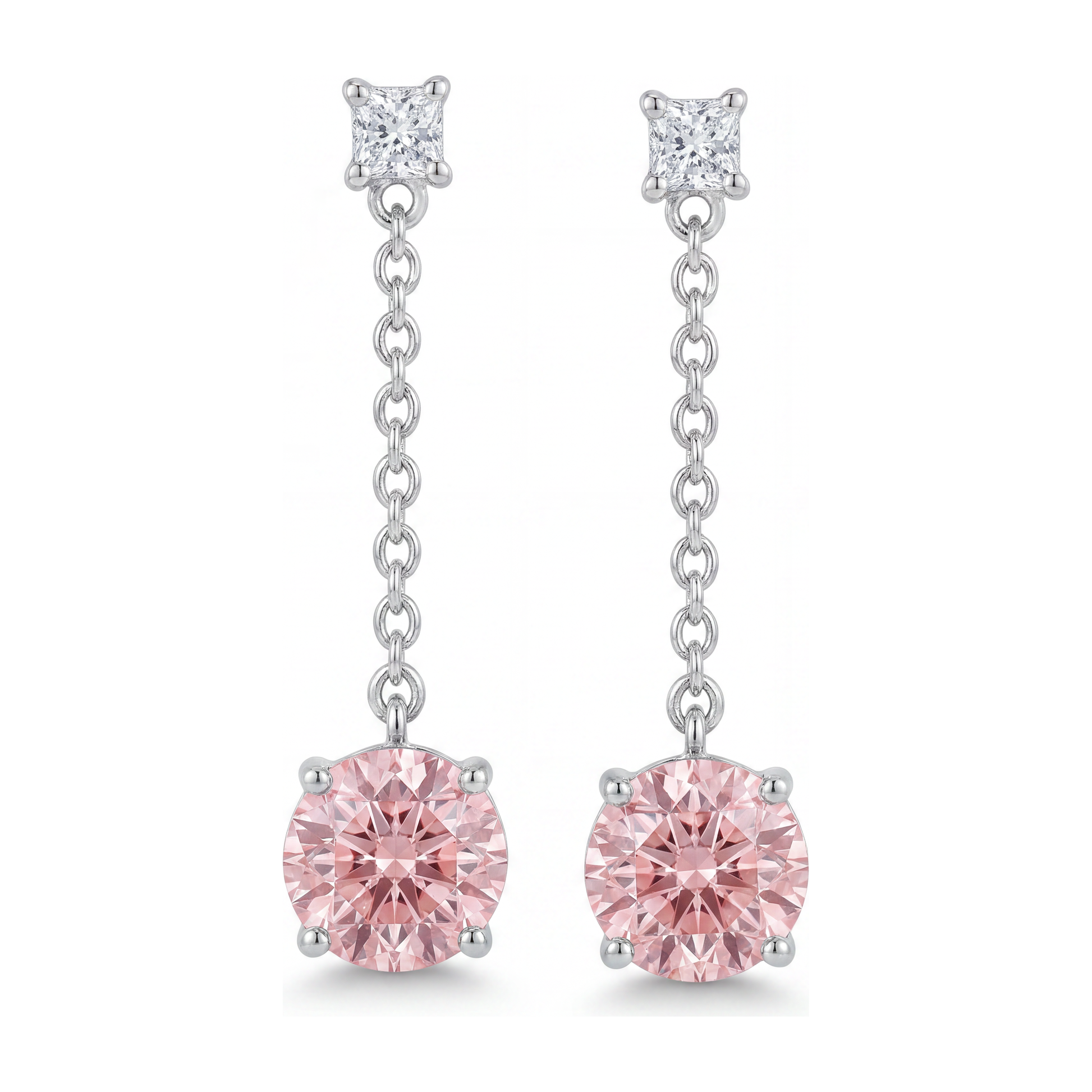 5 Carat Round Pink Lab Grown Diamond and White Diamond Solitaire Earrings 14K White Gold