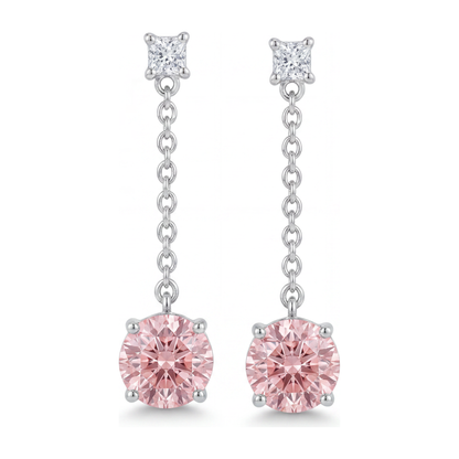 5 Carat Round Pink Lab Grown Diamond and White Diamond Solitaire Earrings 14K White Gold
