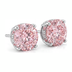 5 Carat Round Pink Lab Grown Diamond and White Diamond Solitaire Earrings 14K White Gold