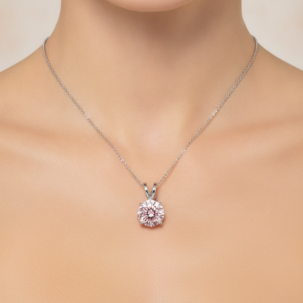 5 Carat Round Pink Lab Grown Diamond Solitaire Pendant 14K White Gold worn