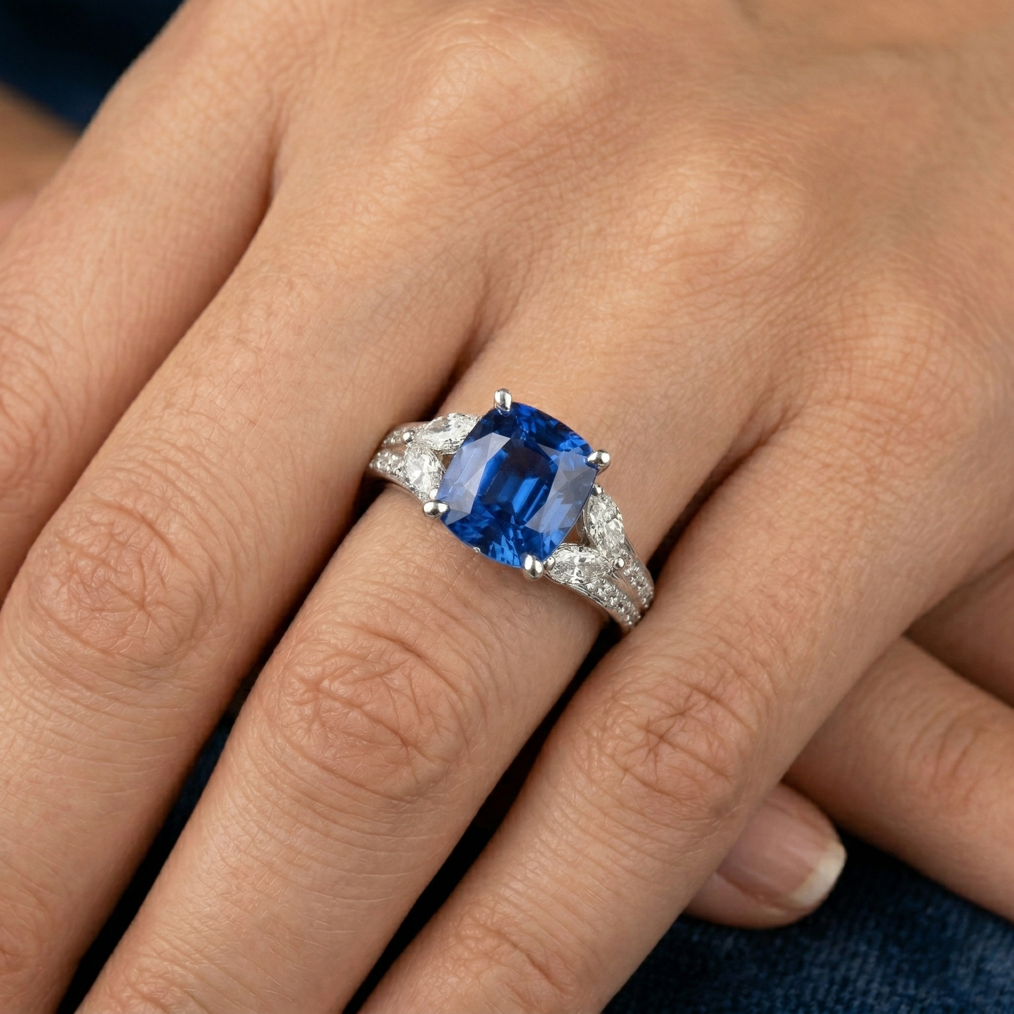5.10 Ct Ceylon Blue Sapphire And Natural Earth Mined Diamonds Ring White Gold 14K