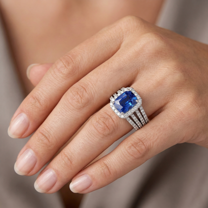 5.50 Carats Cushion & Round Ceylon Sapphire with Natural Earth Mined Diamonds Ring WG 14K
