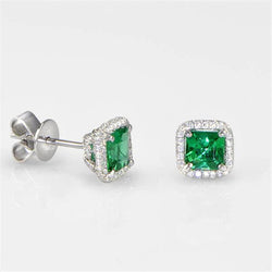 5 Carats Green Emerald With Halo Natural Earth Mined Diamonds Stud Earrings White Gold 14K