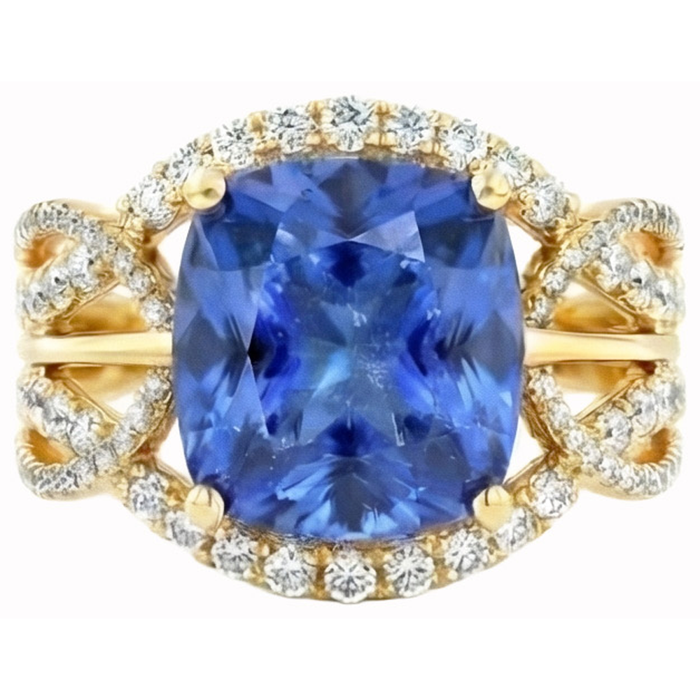 6.01 Ct. Cushion Sri Lanka Blue Sapphire And Natural Earth Mined Diamonds Yellow Gold 14K