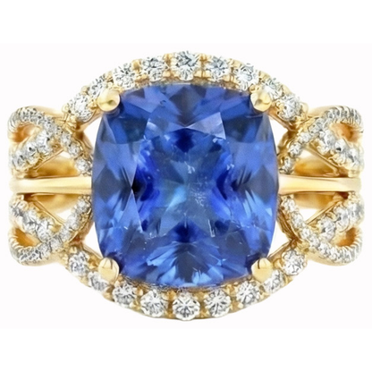 6.01 Ct. Cushion Sri Lanka Blue Sapphire And Natural Earth Mined Diamonds Yellow Gold 14K